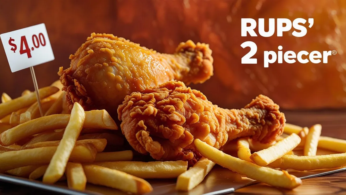 Rups' 2 piecer: two crispy drumsticks on a pile of chips, $4.00